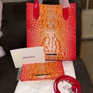 Brahmin Orange and Red Crocodile Embossed Tote and wallet set NWT NEW